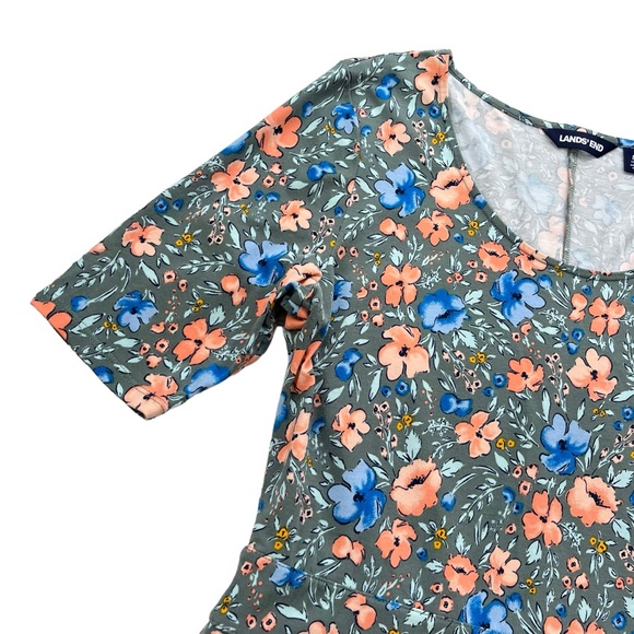 Lands’ End Womens Medium Gray Blue Orange Floral Short Sleeve Midi T-shirt Dress - Picture 7 of 16